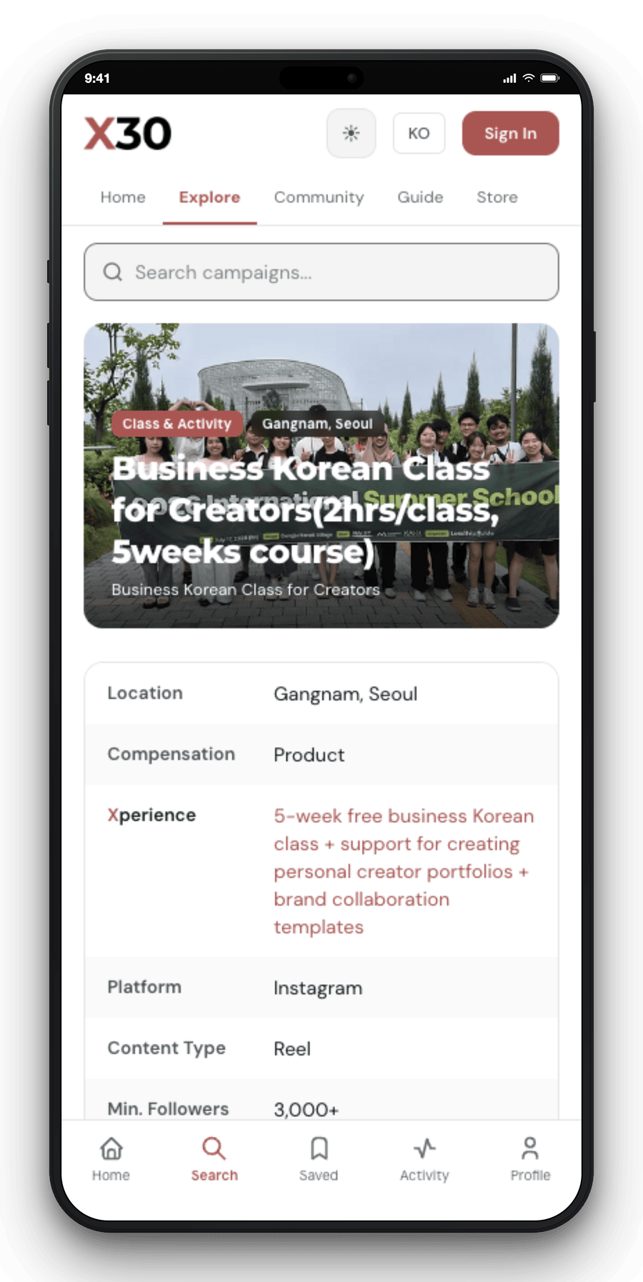 X30 campaign detail on a phone, showing what a venue offers and what the creator films