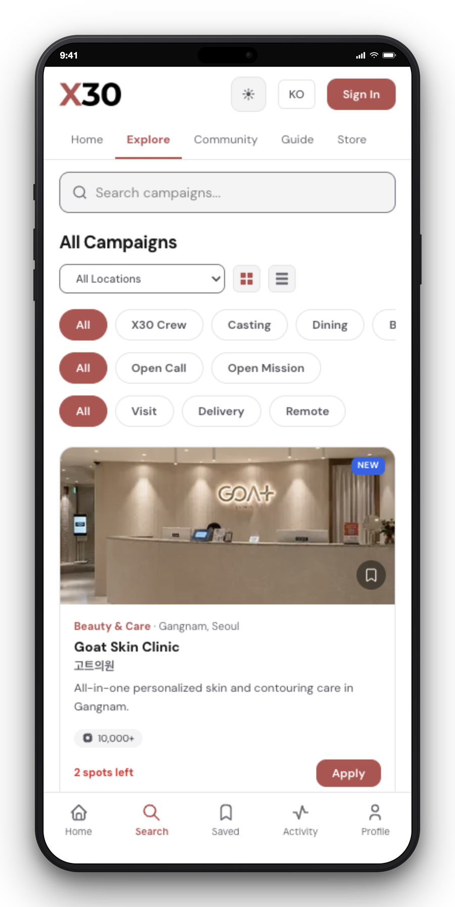 X30 campaign list on a phone, with venue cards creators browse