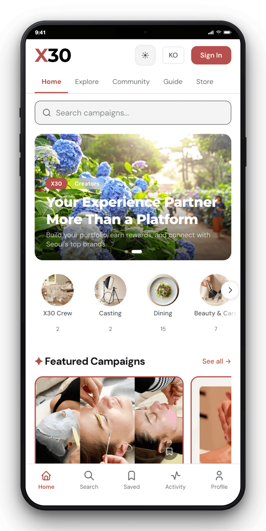 X30 home screen on a phone, where creators find new places to visit