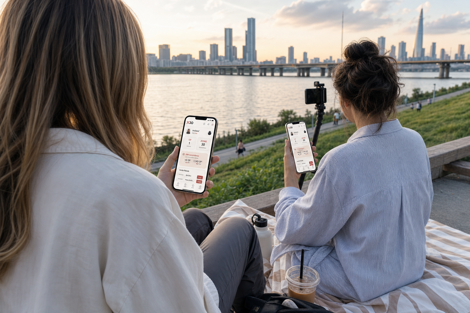 X30 creators checking Chocopie rewards beside the Han River