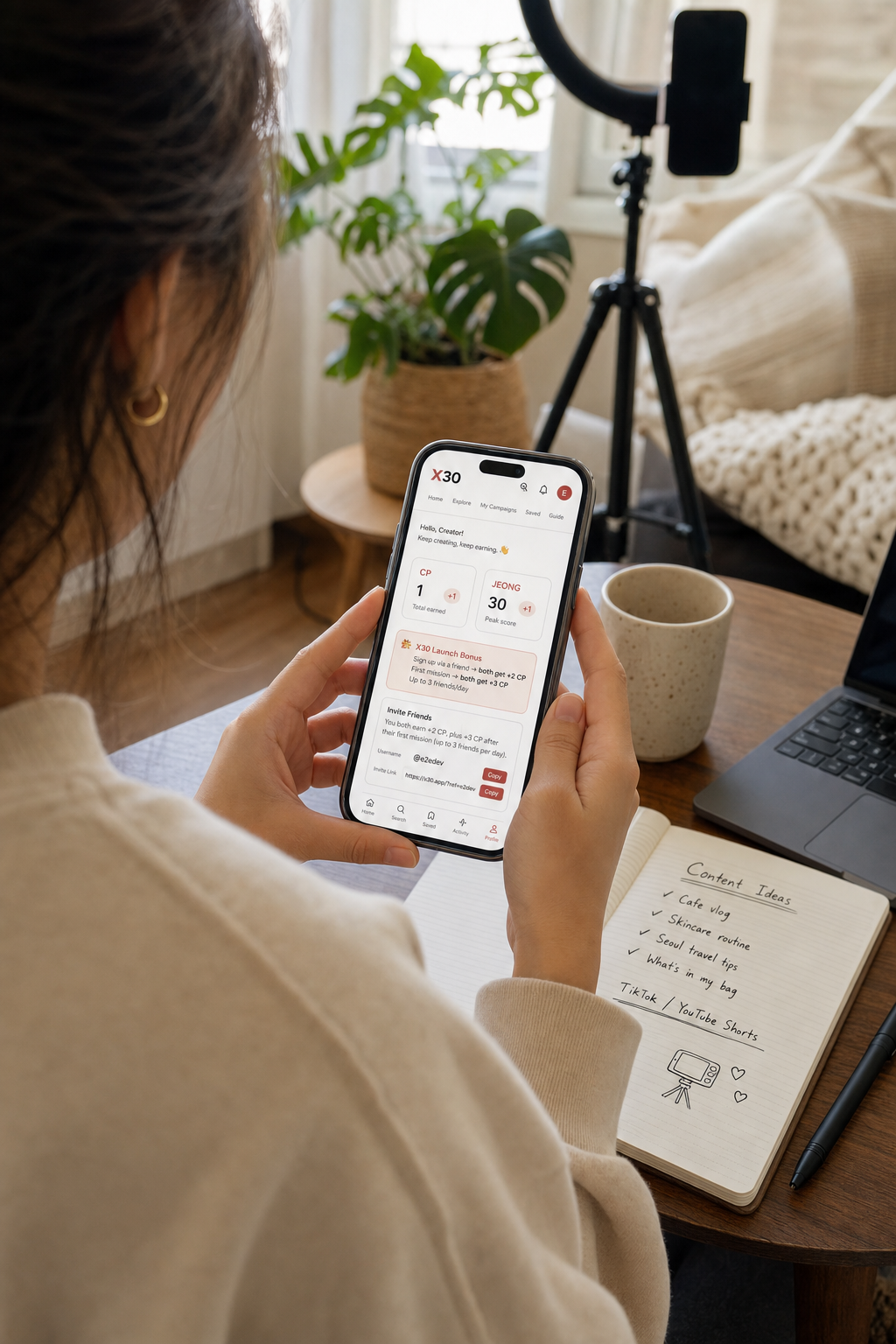X30 creator planning TikTok and YouTube Shorts missions at home