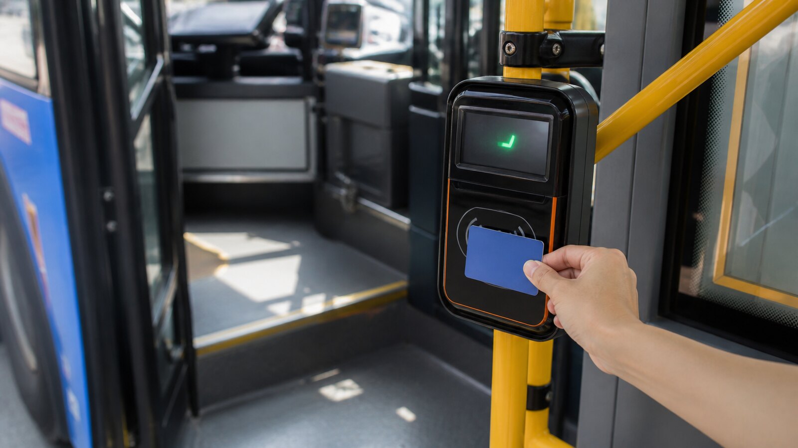 A passenger tapping a transit card on the boarding reader just inside the front door of a Seoul city bus