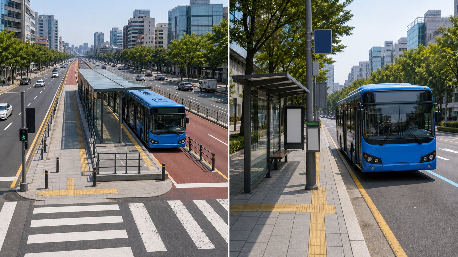 A side-by-side comparison of a Seoul median bus platform and a curbside bus stop