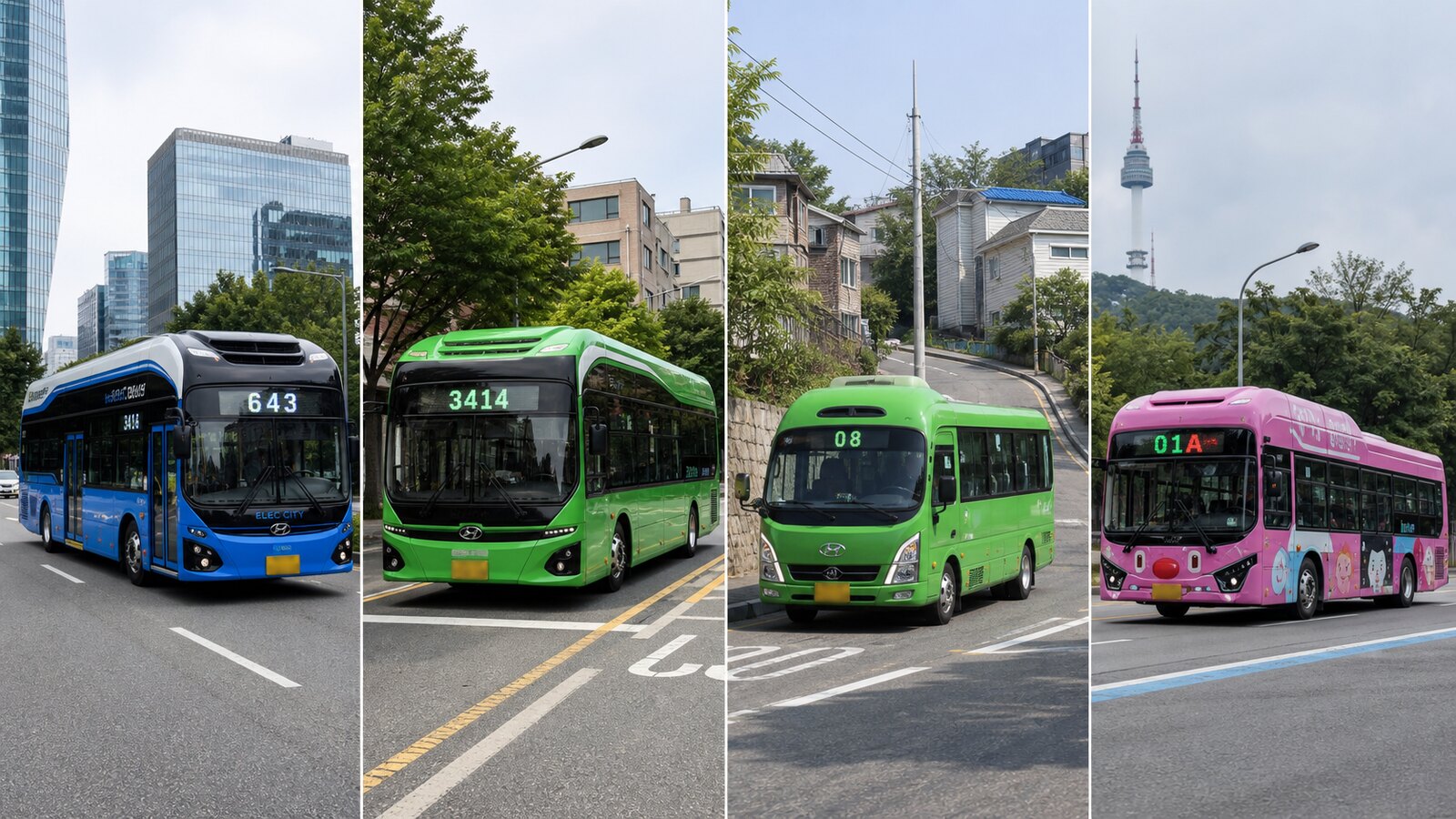 Four current Seoul bus appearances: blue trunk route 643, green branch route 3414, a compact green village bus, and pink Haechi circulation route 01A