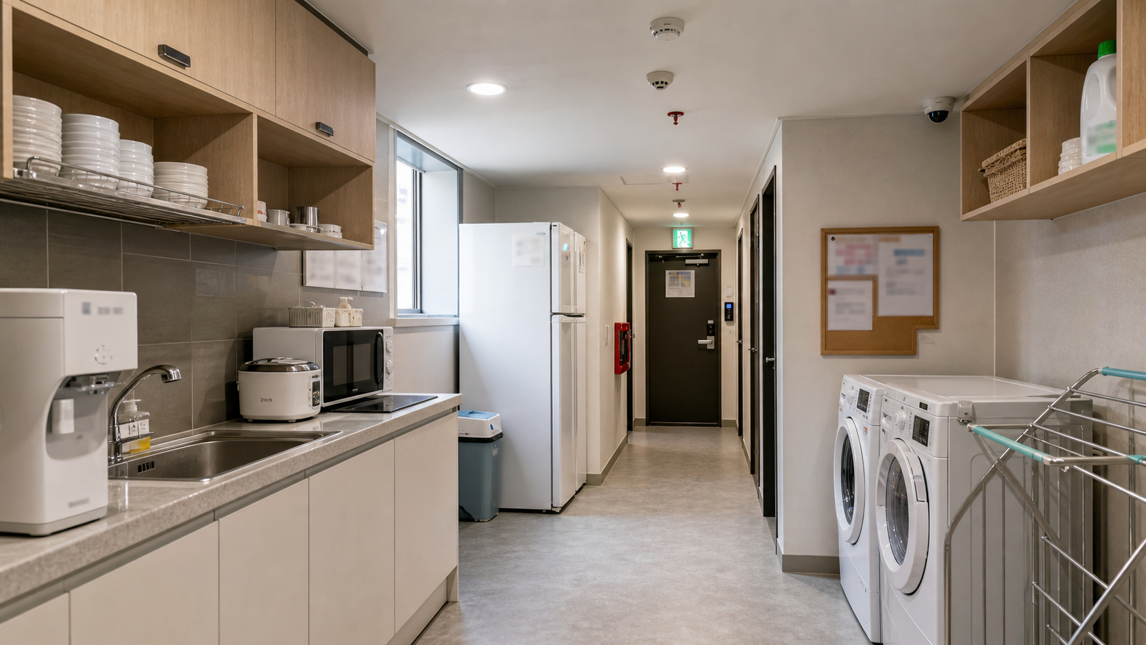 Fictional Seoul goshiwon common area with a shared kitchen, laundry machines, and visible safety equipment