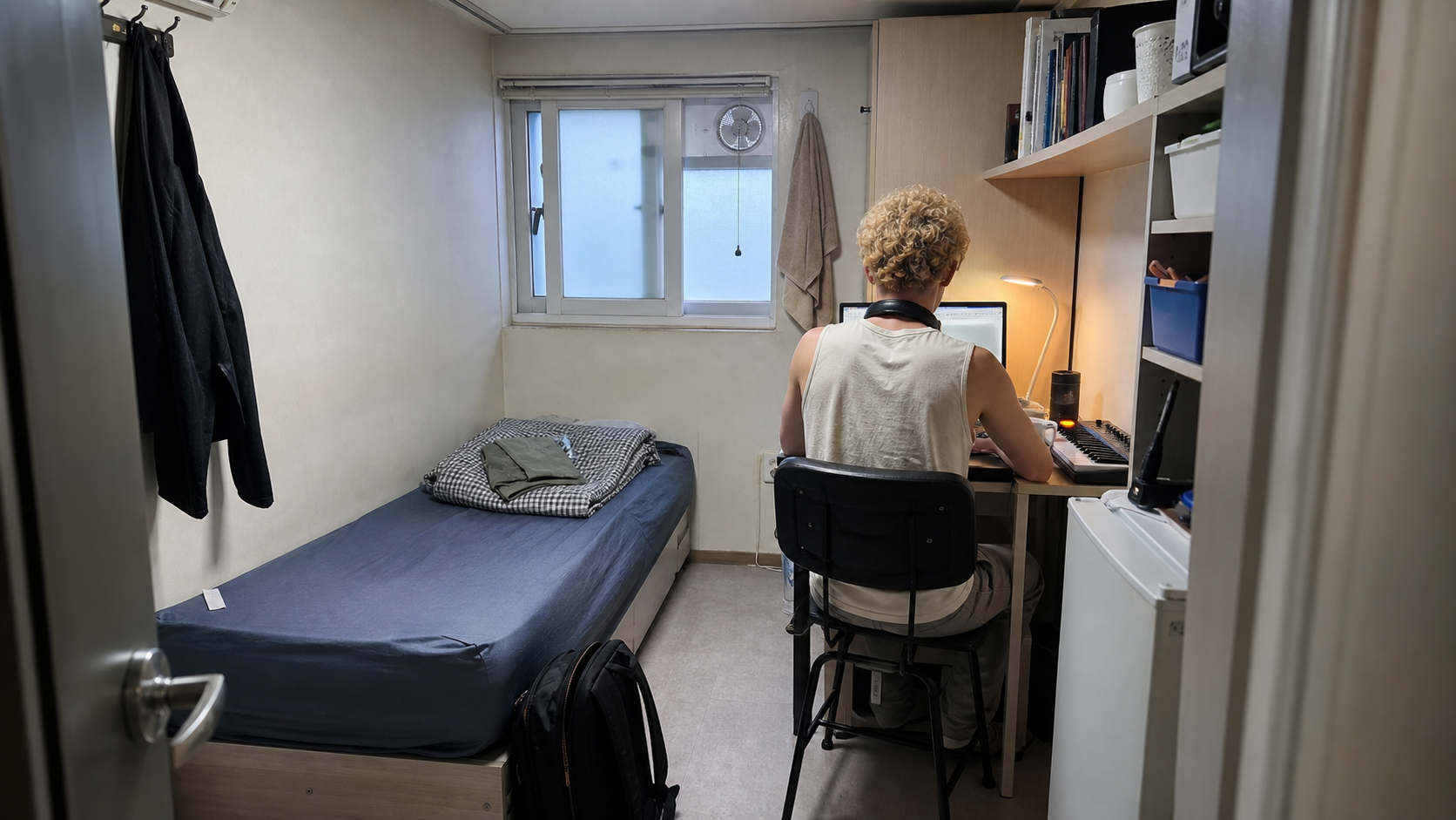 Fictional compact Seoul goshiwon room with a curly-haired adult resident working beside subtle music equipment