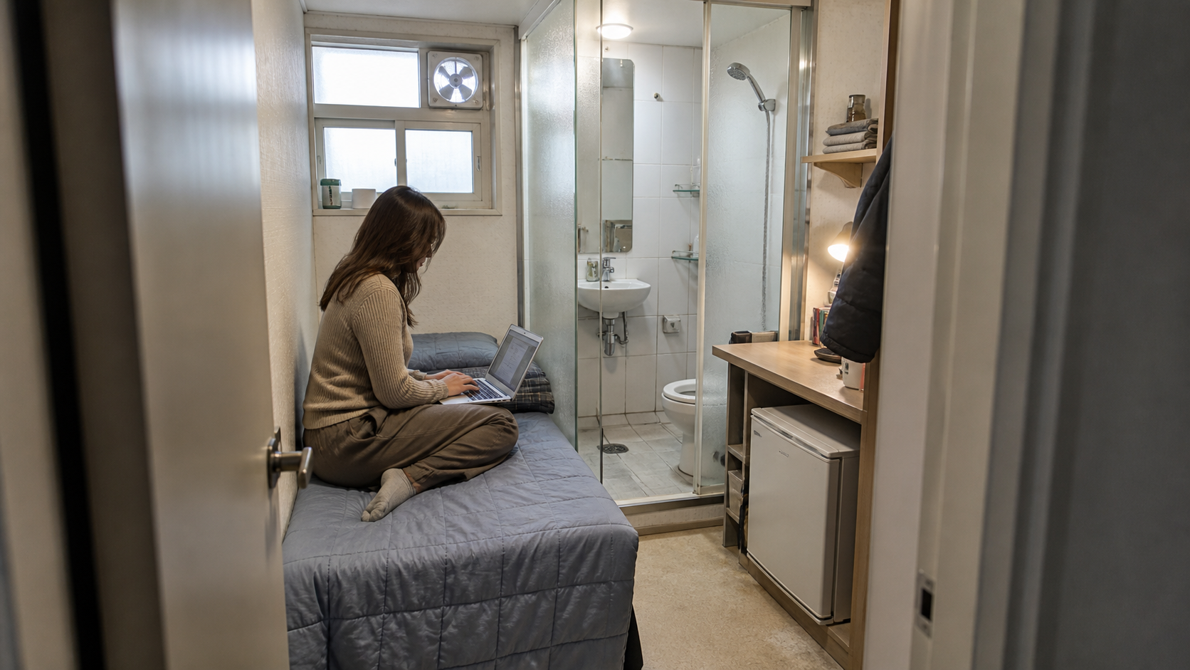 Fictional narrow Seoul goshiwon room with a private shower booth and an adult resident using a laptop