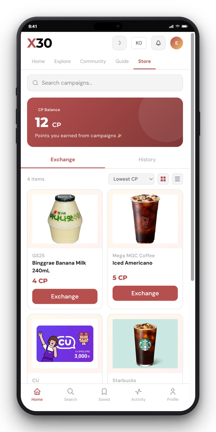 X30 CP Store catalog on iPhone showing CP balance and items sorted by lowest CP