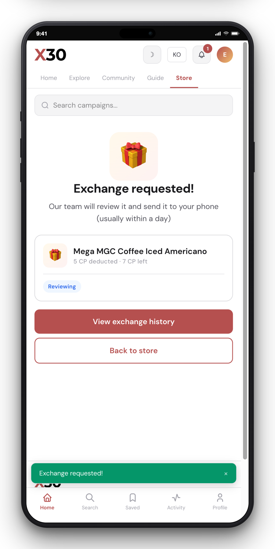 X30 exchange requested screen showing CP deducted and reviewing status
