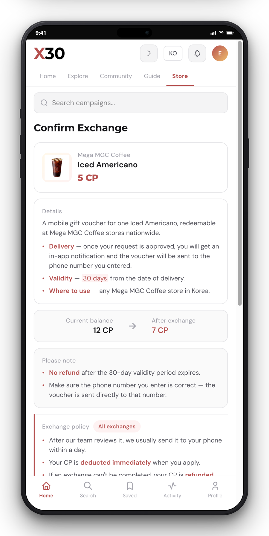 X30 exchange confirmation screen for a Mega MGC Coffee Iced Americano voucher